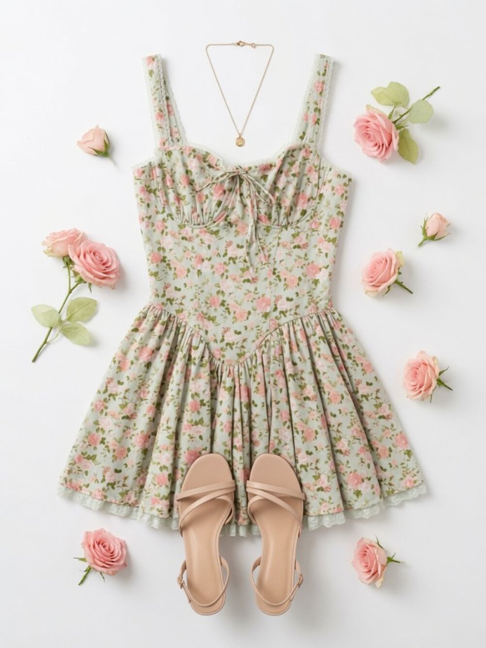 FLORAL LACE TRIM FIT AND FLARE MINI DRESS